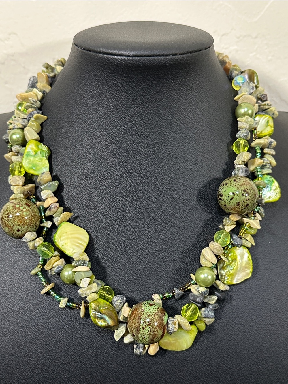 Serpentine, Ceramic, Shell & Sodalite 3 Strand Vintage Necklace